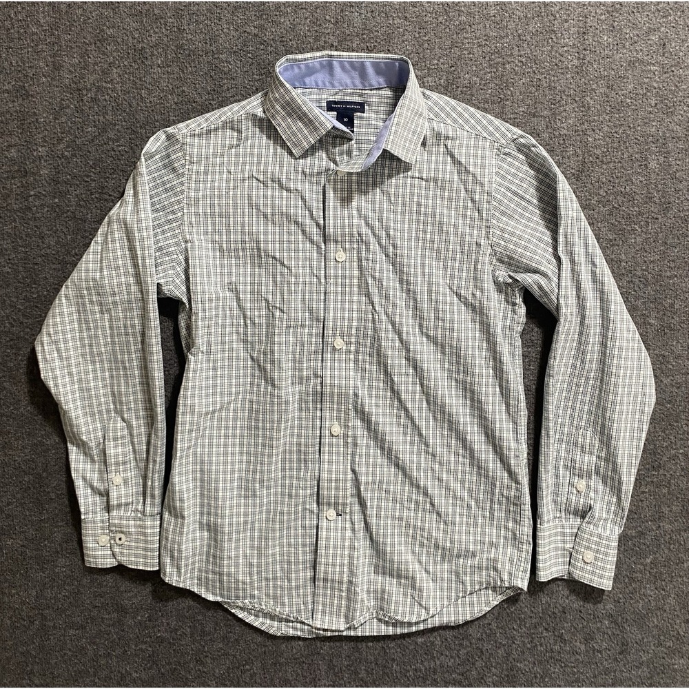 Tommy HilfigerYouth Boys Beige Plaid Button Down Collar Dress Shirt Size 10 READ
